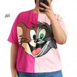 تیشرت کراپ نخ پنبه قواره دار موش و گربه صورتی