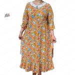 پیراهن نخی آستین سه ربع چین دار خنک و تابستونی (بدون آبرفت) زرد