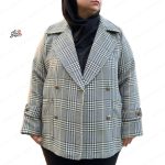 پالتو کتی سایز بزرگ پشمی آستردار دخترانه چهارخونه توسی سبز