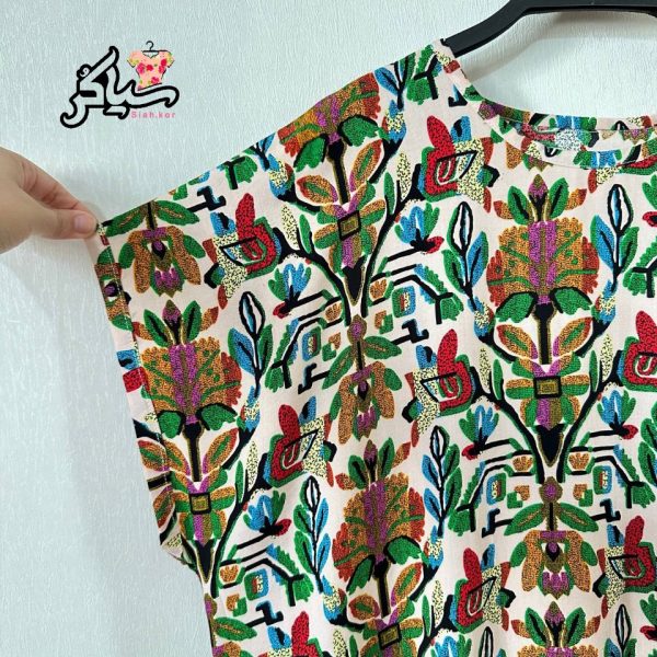 پیراهن نخی سایزبزرگ آستین کوتاه کیمینو زنانه خنک و تابستونی (بدون آبرفت) سفید سبز - تصویر 4